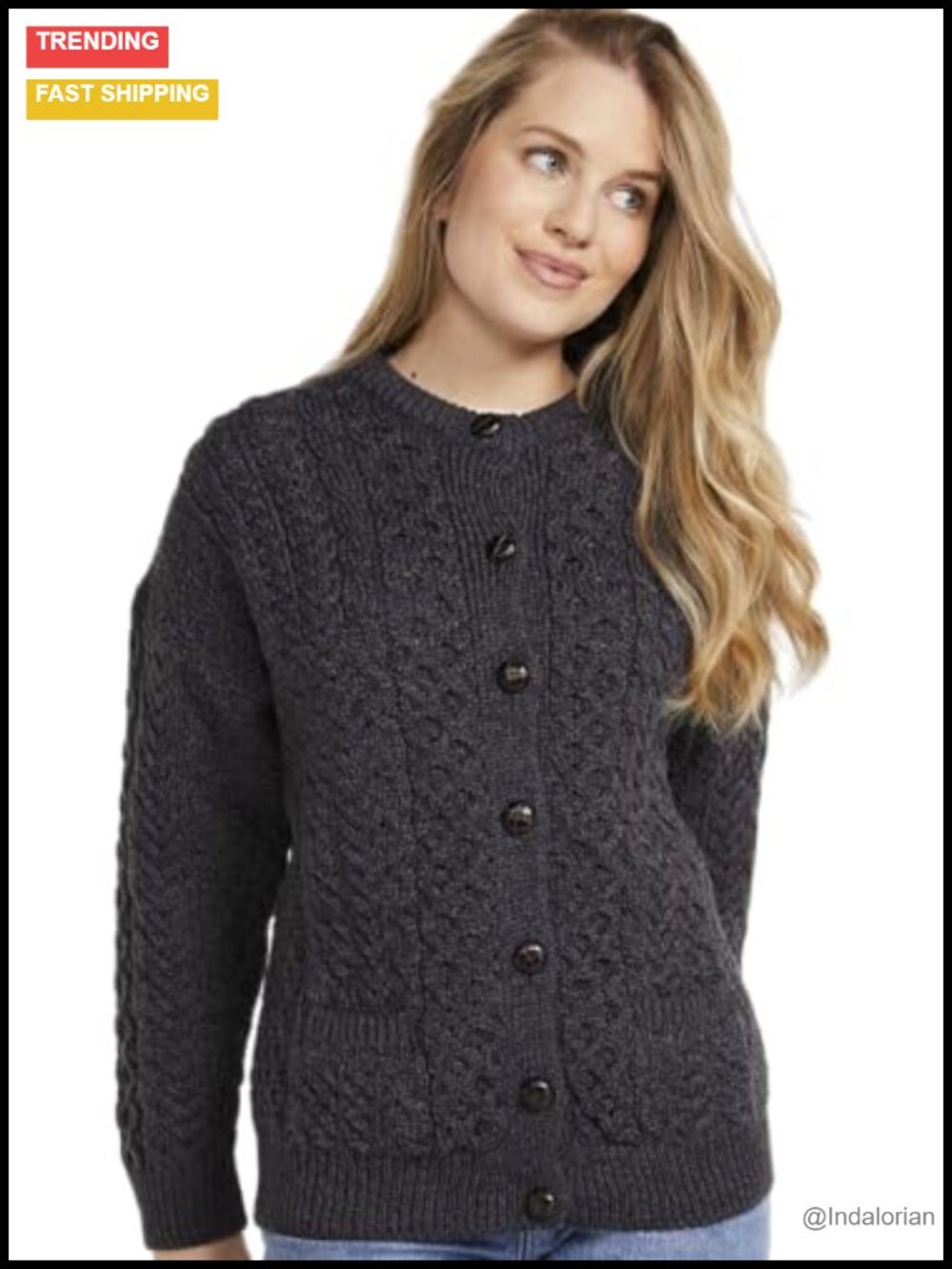 Women's 100% Merino Wool Cable Knit Cardigan Crew Neck Button Down